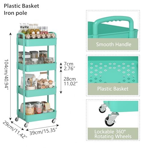 Sywhitta 4-Tier Plastic Rolling Utility Cart with Wheels for Storage,Green - color: Green, size: 4-tier