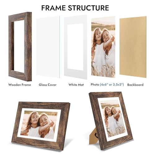 Hongkee 4x6 Picture Frame with Real Glass Wood Frame, 1 Pack (Mat 3.5x5) - color: Rustic Brown, size: 4X6 in