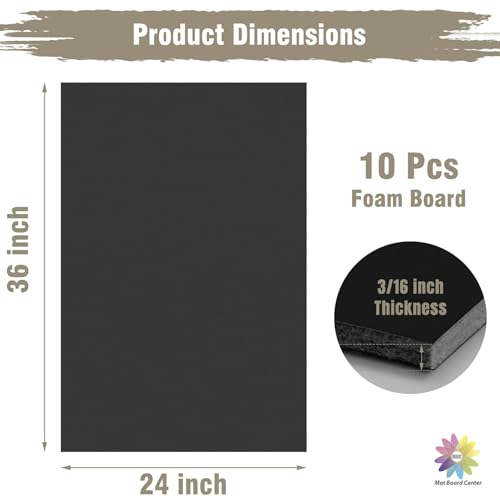 Mat Board Center Pack of 10 Acid-Free Foam Board Black 24x36 in 3/16" Thick - color: Black, size: 24x36