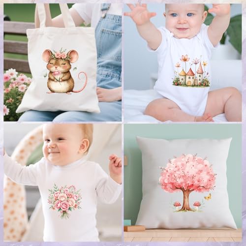 Wxiben Dtf Transfers Ready to Press - 24 Pcs Spring Baby Iron on Transfers for T-Shirts Floral Animals Fairy Heat Transfer Vinyl Decal Sticker Iron on Patches for Clothes Baby Shower Bodysuit Bag DIY - style: Spring Animal