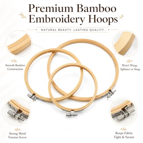 Embroidery Hoops 3 Pack Set: Premium Bamboo Wood Rings with Metal Tension Screw Brackets for DIY Cross Stitching, Sewing, Embroidered Craft Projects, Sizes 5, 7, 8, 9, & 10 Inch Diameter - style: 06 - Set of 5 Sizes