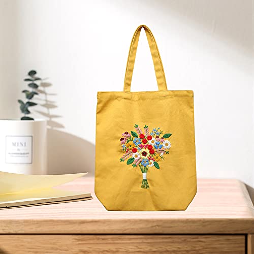 MAMUNU Canvas Tote Bag Embroidery Kit with Pattern for Beginners, Arts and DIY Crafts Kits for Adults, Include Instructions Embroidery Bag, Embroidery Hoops, Color Threads and Tool (Yellow) - color: Yellow