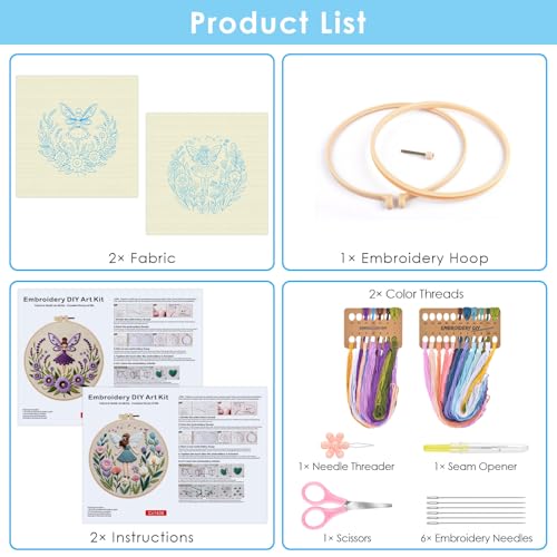 ERKOON Embroidery Kit for Beginners, 2 Set Flower Cross Stitch Set Include Embroidery Cloth Hoops Threads for Craft Lover Hand Stitch with Embroidery Skill Techniques (Angel) - color: Angel