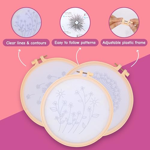 Clear Background Embroidery Kit for Beginners – DIY Hand Embroidery Kit with 3 Hoops, Stamped Patterns, Needles, Thread, Scissors – Minimalist Embroidery Set for Adults, Teens, Women, Craft Lovers - color: Clear Background with Flowers