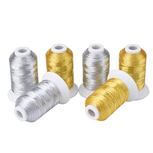 Simthread 6 Spools Metallic Embroidery Machine Thread (3 Gold+ 3 Silver Colors) 500M(550Y) for Embroidery and Decorative Sewing - color: 3Gold+3Silver