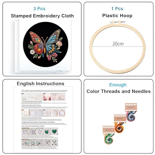 Konrisa Flower Butterfly Embroidery Kits for Adults, Stamped Embroidery Starter Kit with Hoop,DIY Sewing Needlepoint Cross Stitch Kit, Set of 3 - color: black