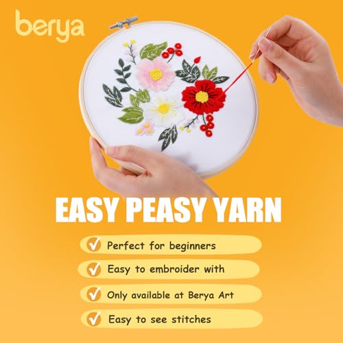 BERYA Embroidery Kit for Beginners, Flowers and Leaves Embroidery Practice Kit, Hand Floral Embroidery Starter Kit for Adults with Video Step by Step Instructions, Hoops, Threads and Needles (BEF011) - color: flower white