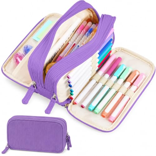 Sooez Big Capacity Pencil Case Pen Pouch, Soft Corduroy Pencil Bag - color: Purple