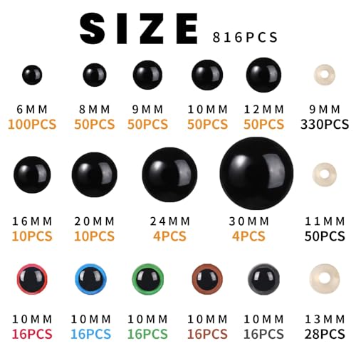 408Pcs Safety Eyes for Crochet 6-30mm Plastic Colorful Safety Eyes for Amigurumi with Washers Black Stuffed Animal Eyes for Craft Teddy Bear