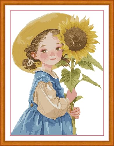 CrossNest 16CT Stamped Cross Stitch Kit for Beginners, HD Printed Complete DIY Embroidery Set with Pattern & Tools, Premium Aida Cloth & Threads (Girl with Sunflowers) - color: Pattern 07(High definition printing)