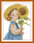 CrossNest 16CT Stamped Cross Stitch Kit for Beginners, HD Printed Complete DIY Embroidery Set with Pattern & Tools, Premium Aida Cloth & Threads (Girl with Sunflowers) - color: Pattern 07(High definition printing)