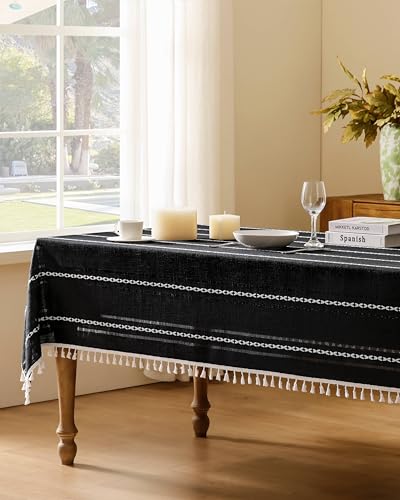 ZeeMart Hemstitched Striped Boho Table Cloth, 60x84 Inch Black - color: Black, size: 84" x 60" (Rectangular)