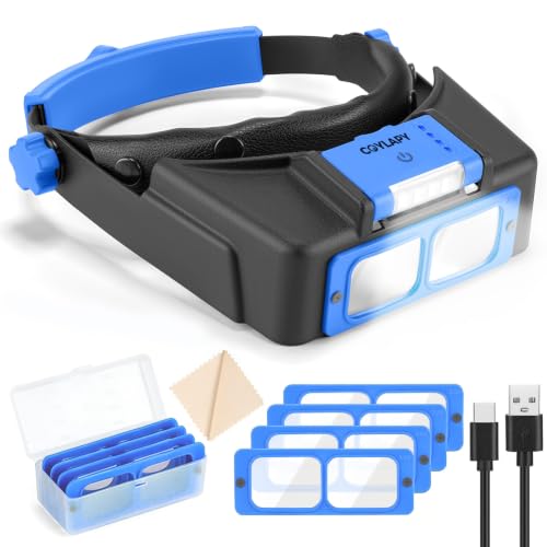 COYLAPY Headband Magnifier with Light, 1.5X-3.5X Hobby Magnifying Glasses - color: Blue