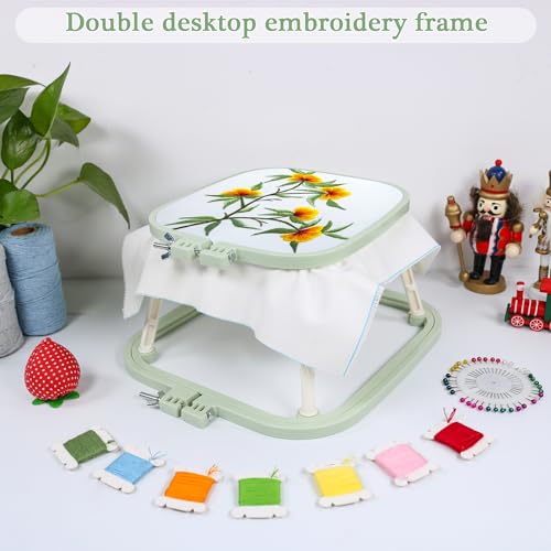 Versatile Double Embroidery Stand, Compact Desktop Embroidery Cross Stitch Frame-Hands Free 2-Tier Embroidery Hoop Frame for Needlepoint Sewing Craft Projects - color: Green