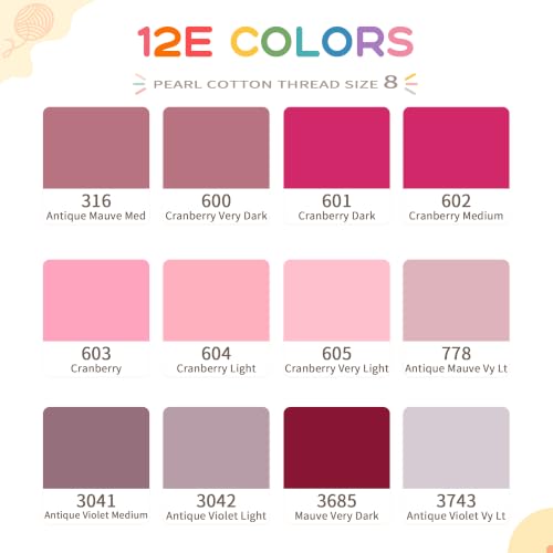 Size 8 Double Mercerized Egyptian Long Staple Cotton Pearl Thread 12 Gradient Colors per Box 5 Grams Ball Rainbow Color Embroidery Thread for Crochet Cross Stitch Hand Embroidery (12E) - color: 12E