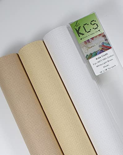 KCS 3 pc of 15" x 18" Counted Cross Stitch Cotton Aida Cloth Needlework Rolled Fabric Box,14CT,White+Light Straw+Khaki - color: White+light Straw+khaki, size: 14CT