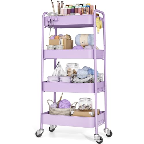 TOOLF 4 Tier Metal Rolling Cart, Utility Storage Cart with Wheels, Purple - color: Purple, size: 4-Tier