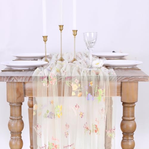 Beige White Floral Gauze Table Runner 10ft Embroidery Spring Tulle Linens - color: Beige, size: 27"x120",6pcs