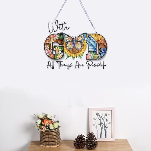 STGLCR DIY Butterfly Hanging Diamond Art Kit God, Acrylic Diamonds Painting Pendant Board Kit, 5D Gem Art Ornament Kit for Adults, Double Sided 7.8inch with God All Thing are Possible - color: God butterfly
