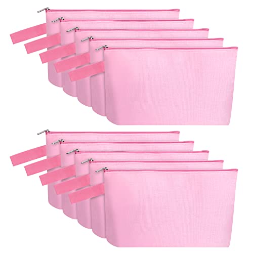 10 Pieces Cotton Canvas Makeup Bag with Bottom and Strap, Multi-Purpose Cosmetic Bag with Zipper Travel Toiletry Pouch, Blank DIY Craft Bag (Pink, S) - color: Pink, size: S