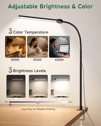 CUHIOY Desk Lamp with Clamp, 27" Flexible Goose-Neck Light for Craft Sewing