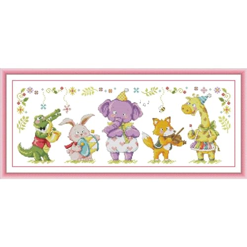ITSTITCH Stamped Cross Stitch Kits - Full Range of Embroidery Patterns for Beginners or Adults,14 CT 2 Strands DIY Counted Needlepoint Arts Craft-Little Animal Band 23.2×10.6 inch - color: Little Animal Band