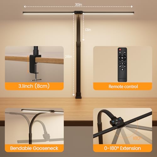 LED Desk Lamp for Home Office, 24W Computer Desk Light with Remote Control, Bright Table Lamp with Clamp Dimmable Tall Desktop Lighting with Bendable Gooseneck, Double Head, Black - color: Black with Clamp