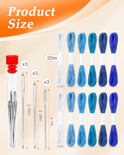 eZAKKA Sashiko Thread Kit with 12 Blue Skeins & 9 Needles for Mending Craft - color: Blue Thread & Needles Set(21Pcs)