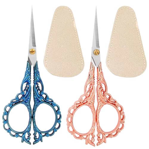 Jasni Pretty Embroidery Scissors 5 Inch Small Sewing Crafting Stainless Steel Vintage peach blossom handle for DIY tools Craft Tailor Threading Shears 2 Packs with cover (Rose gold and Blue) - color: Rose Gold and Blue