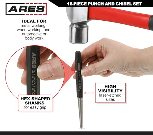 ARES 50005-16-Piece Punch and Chisel Set - Tapered, Pin, Center Punches & Cold Chisels for Various Applications - size: 16-Piece Punch and Chisel Set