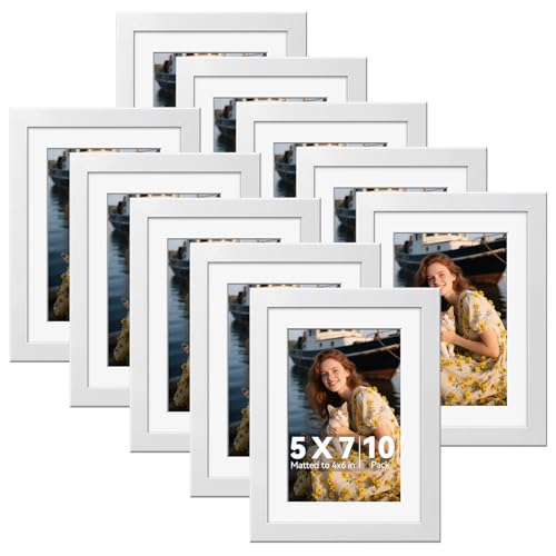 HappyHapi 5x7 Picture Frames Set of 10, Wall or Tabletop Display, White - color: White, size: 5x7 inch
