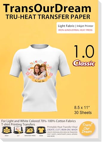 TransOurDream Heat Transfer Paper for Light T Shirts (30 Sheets, 8.5x11") Iron on Transfer Paper for Light & White Fabrics Printable Heat Transfer Vinyl for Inkjet Printer(L1-30) - color: Light, size: 30 Sheets