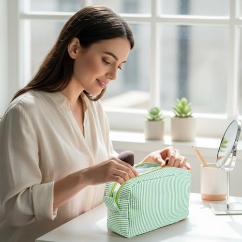 Sanwuta 10 Pcs Seersucker Cosmetic Bag Seersucker Makeup Bag Women Stripe Large Travel Toiletry Organizer Preppy Storage Pouch for Embroidery Wedding Bridesmaid Bride Mom (Green) - color: Green