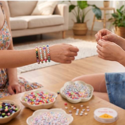 Letter Beads and Bracelets String Set, 4x7mm Round Alphabet Beads - color: C+W+heart
