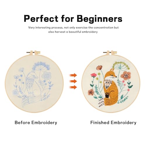 Beginner Fox Embroidery Kit for Adults, Pre-Printed with Video Tutorial - color: Fox