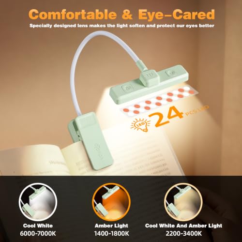 VAVOFO 24 LEDs Rotatable Book Light, Rechargeable Clip Reading Lamp - color: Avocado Green