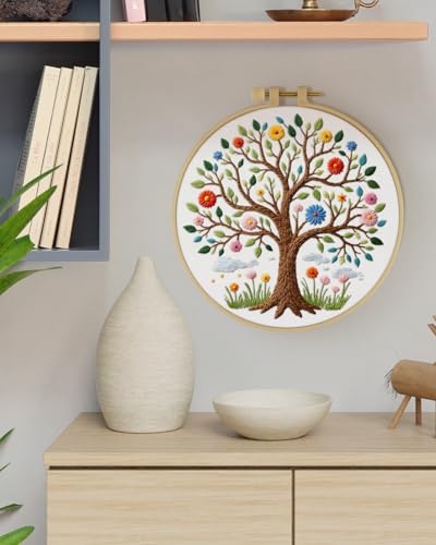 ERKOON Embroidery Kit for Beginners Adult, Cross Stitch Set Include Embroidery Cloth Hoops Threads for Craft Lover Hand Stitch with Embroidery Skill Techniques (Tree) - color: Tree