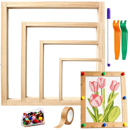 16 pcs Needlepoint Stretcher Bars Set, Wooden Stretcher Bars for Needlework Embroidery Stitch Frame Set for Crafts Art Cross Stitch Supplies with Thumb Tacks,Tacks Remover,Masking Tape,Maker