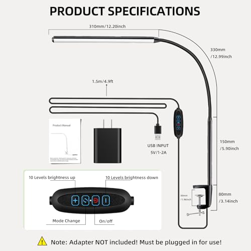 Clip on Desk Lamp with Clamp,Dimmable Eye Caring Book Reading Light for Bed