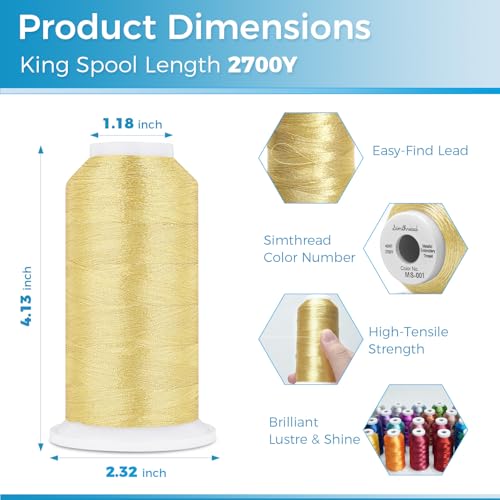 Simthread 2700 Yards Metallic Embroidery Machine Thread - Light Gold MS-001, 40wt High-Sheen King Spool, Smooth Running & Break Resistant for Commercial & Home Embroidery Machines - color: Light Gold MS-001