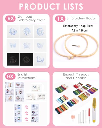 TINDTOP Embroidery Kit for Adult, Hummingbird Butterfly Mushroom Flower Kit - color: Embroidery Kit for Adult for Beginners