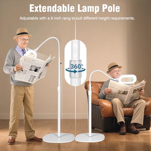 Large Magnifying Glass with Light and Stand, 15X Rectangle Optical Real Glass Lens, Height Adjustable Gooseneck Magnifier Floor Lamp, 5 Color Modes LED Dimmable Lighted Hands Free for Crafts - White - color: White