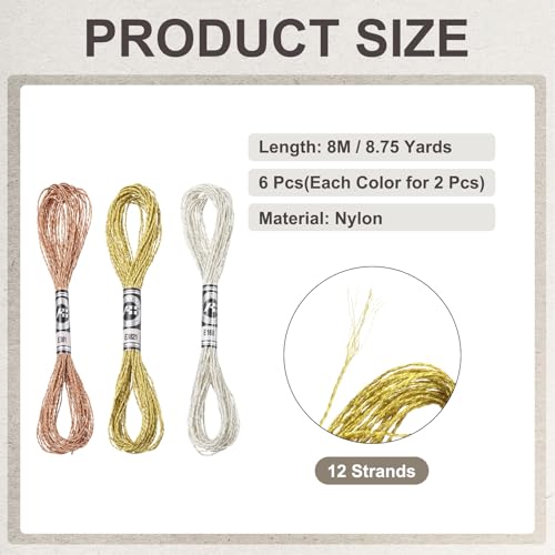 PATIKIL 6 Skeins Embroidery Floss, Metallic Embroidery Thread Nylon Threads Bracelets String for Cross-Stitch Hand Embroidery, Bronze/Silver/Light Gold - color: Bronze/Silver/Light Gold