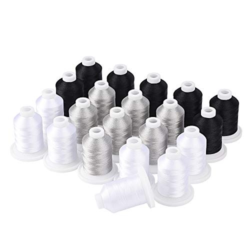 Simthread Embroidery Machine Thread Kit 800Y 21 Spools Black White and Silver Grey Colors for Professional Embroidery Design - color: Black White & Silver