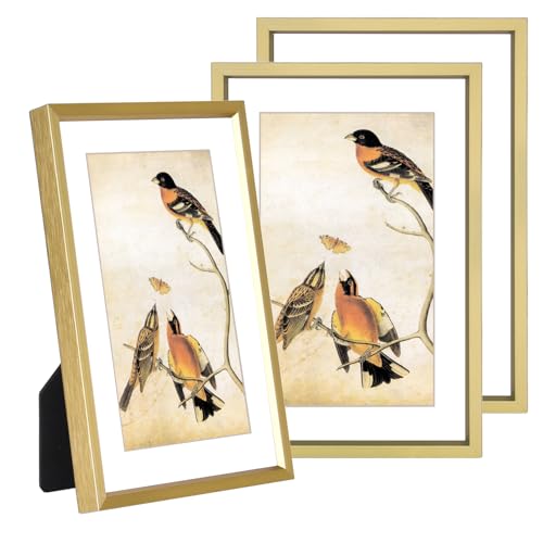 BKABOT 4x6 Brass Metal Photo frames 3 Pack HD Glass Mat 3x5 Wall Table - color: Brass, size: 4x6