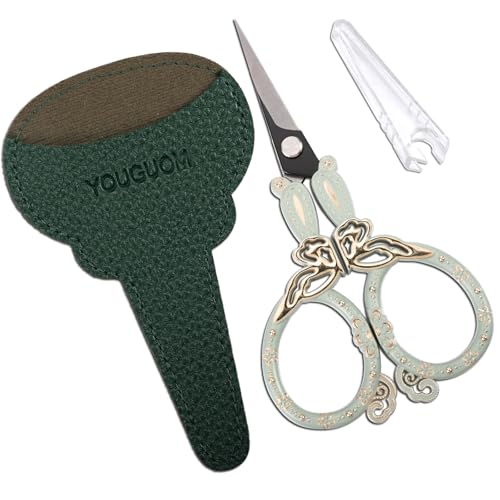 YOUGUOM Sewing Embroidery Scissors, Vintage Needlework Scissor for Craft Cross Stitch Crochet Threading, Green Detail Shears with Cover - color: Light Green