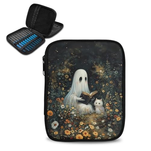 Kathyboom Halloween Spooky Floral Crochet Hooks Case Portable Travel Crochet Storage Bag Organizer with Web Pocket and Crochet Holder Slots for Carrying Various Crochets Needles - color: Halloween Spooky Floral-