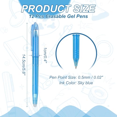 PATIKIL 12Pcs Erasable Gel Pens, 0.5mm Fine Point Heat Erasable Marking Pen with Cap Smooth Writing Fabric Markers for Sewing Drawing Writing Planner, Sky Blue Ink - color: Sky Blue