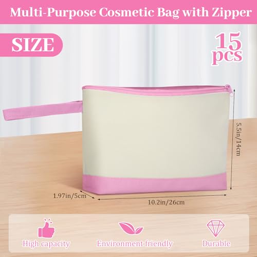 Silkfly 15 Pcs Cotton Canvas Makeup Bags Cosmetic Zipper Bags 10.2 x 5.5 x 2'' Blank DIY Pouch Bulk Pencil Case with Bottom Travel Toiletry Pouch for Women Craft Decor Gift (Beige and Pink) - color: Beige and Pink