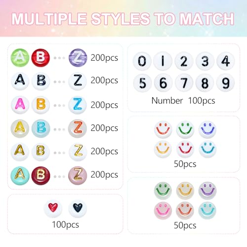 Looconi 1500 Pieces 6 Colors Letter Alphabet Beads and Number Heart Beads Round Flat and Crystal Line for Jewelry Making - color: 5 Colors, size: 7x4mm